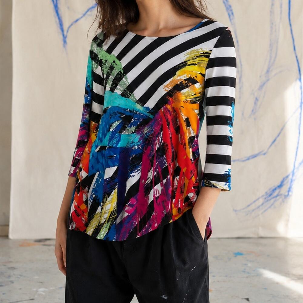 Joseph Ribkoff Multicolor Abstract Stripe Tulip Back Tunic Top Size 6 Maximalist